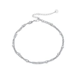 Three-layer wave water chain 18k gold plated anklet with polished beads and lobster clasp