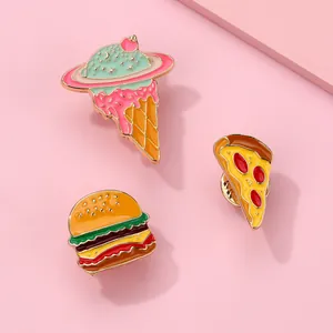 Detailed enamel pins set featuring ice cream pizza and burger with gold plating