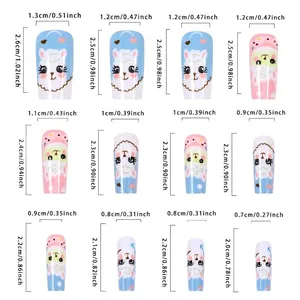 Size chart for cute pink and blue alpaca pattern press-on artificial nails
