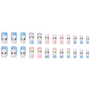 Cute cartoon sheep pattern press-on nails set in pink and blue medium-long square shape