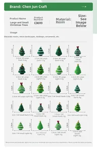 Dimensions et poids détaillés pour divers sapins de Noël miniatures en résine