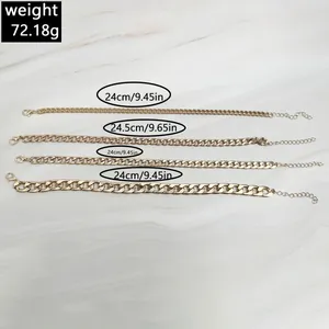 Detailed view of four golden chunky chain anklets with specific length measurements
