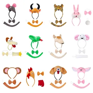 Set of 12 plush 3D zodiac animal headbands with matching bowties and tails for kids