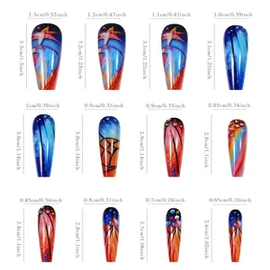 Detailed size chart for colorful rainbow long coffin press-on nails with specific measurements