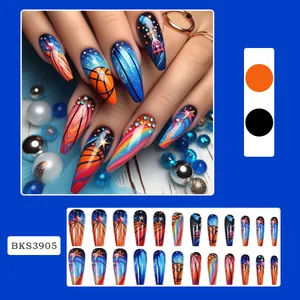 Colorful long coffin press-on nails set with basketball and rainbow galaxy art design