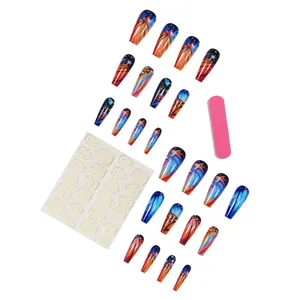 Long coffin press-on nails with colorful rainbow and basketball graphic designs