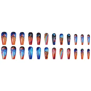 Colorful rainbow and basketball themed long coffin press-on nails on white background