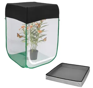 Detail view of the transparent mesh butterfly habitat cage including a grey bottom tray