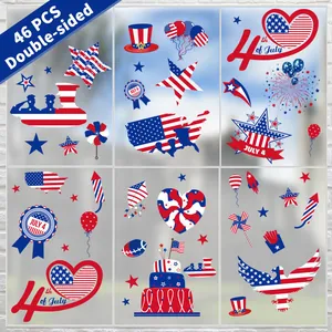 Detailed view of 46 pieces patriotic Independence Day double-sided window stickers.