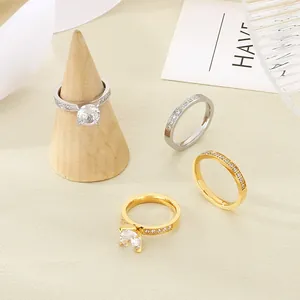 Elegant stainless steel solitaire and band rings with sparkling zircon in gold and silver