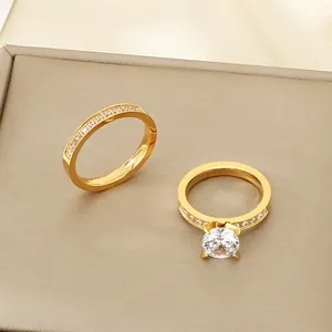 Elegant gold-plated stainless steel ring set with brilliant round-cut zircon stones