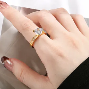 Detailed view of a gold stainless steel ring with a large cubic zirconia on hand