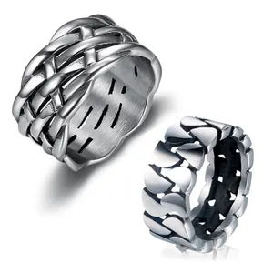 Stainless Steel Ring Braided Woven Texture Wide Band Retro Silver Punk Industrial Style Jewelry For Men Women