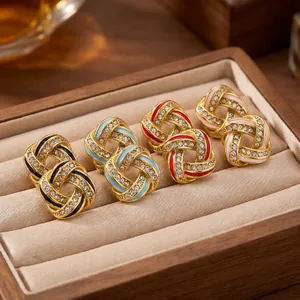 Set of stainless steel square earrings with rhinestones and multi-color enamel detail