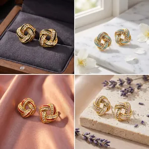 Detailed view of square knot stainless steel earrings in four elegant enamel colors