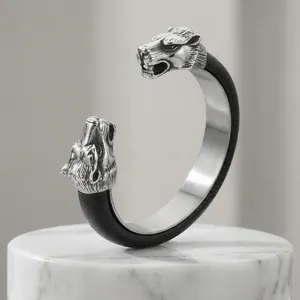 Punk style men's stainless steel open cuff bracelet with double wolf head and leather band