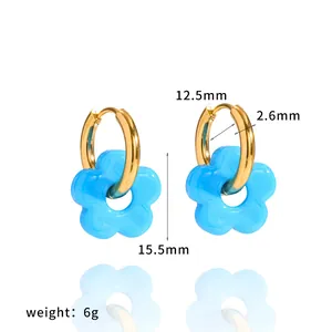 Minimalist blue flower charm stainless steel hoop earrings for women, sweet dopamine style
