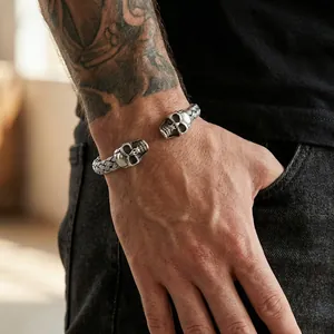Men's vintage gothic stainless steel skull open cuff bracelet with braided texture detail