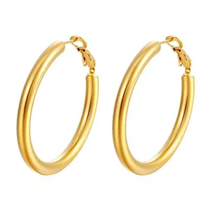 High-polished gold-tone titanium steel large round hoop earrings for women fashion