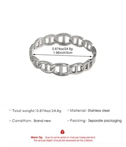 Modern silver stainless steel hollow geometric chain bangle shown with detailed size specs