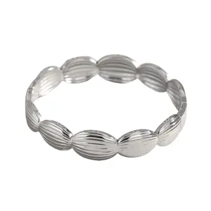 Detailed view of a silver-toned stainless steel bangle featuring ribbed oval segments.