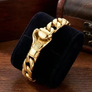 Gold stainless steel Cuban link bracelet for men with boxing glove charm in punk style