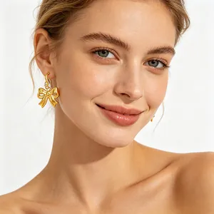 Bow Drop Earrings 18K Gold Plated Stainless Steel With Rhinestone Ribbon Knot Trendy INS Style Jewelry For Women