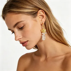 Fox Head Dangle Hoop Earrings Stainless Steel 18K Gold Plated With Natural Clear Stone Beads Elegant Fashion Jewelry