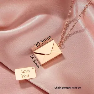 Rose gold envelope pendant necklace with Love You card detail and dimensions.