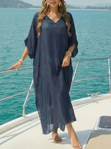 Elegant navy blue V-neck beach cover-up maxi dress with loose fit and side slits