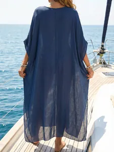 Long navy blue beach cover-up kaftan with side splits for women