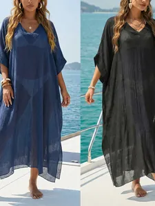 Women V Neck Loose Beach Cover Up Kaftan Dress Side Split Batwing Sleeve Polyester Resort Wear Long Swimsuit Coverup