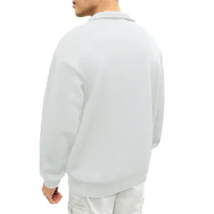 Back view of men's loose white half-zip sweatshirt in retro style