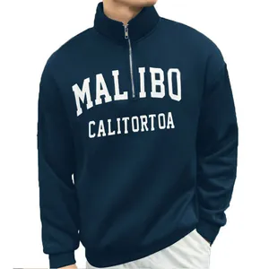 Men's vintage navy blue half-zip sweatshirt featuring white Malibu graphic text print