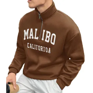 Men's loose vintage brown half-zip sweatshirt with stand collar and white lettering