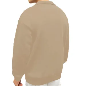 Back view of a men's loose retro half-zip sweatshirt in khaki color with stand collar