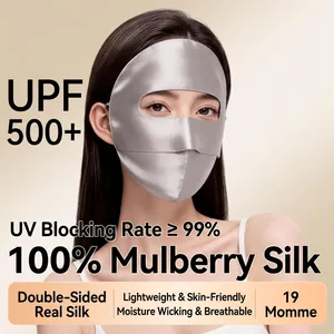 Premium 100% mulberry silk full face sun protection mask in grey UPF 500+ breathable