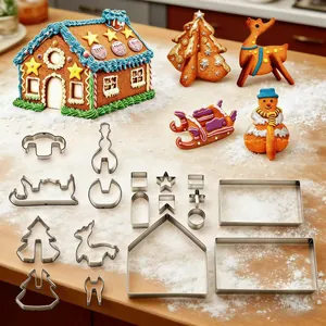 3D Christmas gingerbread house stainless steel cookie cutter set for festive DIY baking