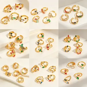 Fashion Titanium Steel Adjustable Open Ring For Women Vintage Gold Plated Rhinestone Butterfly Wheat Ear Flower Heart Crown Finger Jewelry