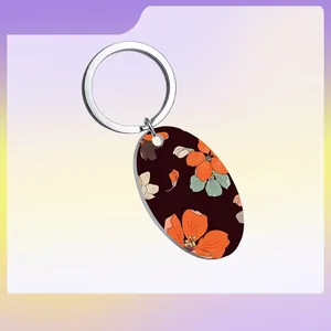 Stainless Steel Keychain Oval Pendant Floral Leopard Print Vintage Retro Style For Women Men Key Ring