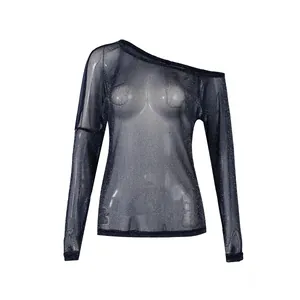 Haut sexy à manches longues transparent en mesh scintillant avec col bateau élégant