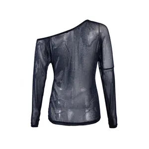 Haut sexy noir transparent à une épaule et manches longues avec fini scintillant
