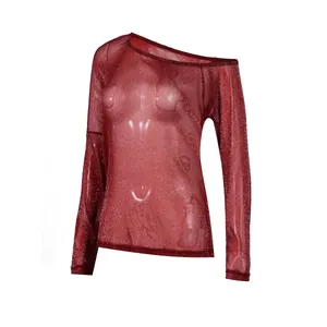 Haut sexy transparent bordeaux pailleté à manches longues et col bateau