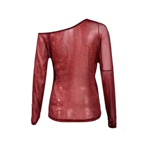 Haut sexy transparent à manches longues et une épaule dénudée rouge pailleté femme