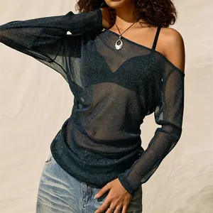 Haut sexy transparent bleu marine à épaules dénudées et manches longues à paillettes