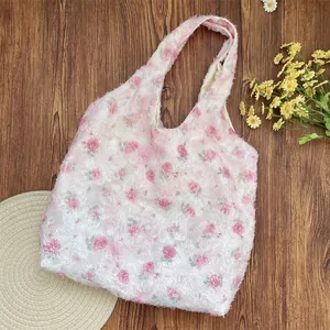 Large capacity lace floral tote bag featuring a soft fuzzy texture and pink rose pattern