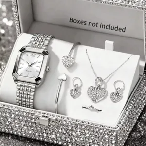 Luxury women's silver quartz watch set featuring heart-shaped rhinestone jewelry