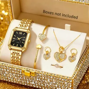 Luxury gold-plated women's watch and heart jewelry set with sparkling rhinestones