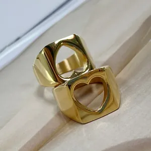 Minimalist gold plated stainless steel hollow heart signet rings set for women