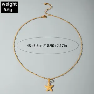 Close-up of golden starfish pendant necklace with length and weight specifications